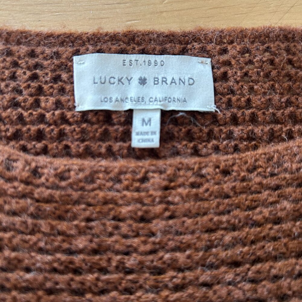 Lucky Brand $39 Brown Fringe Sweater Size M Wool Blend Open Knit Boho Pullover